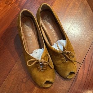 Brown suede leather peep toe wedge heels